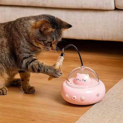 Boule automatique rose pour chat, dôme transparent et plume suspendue