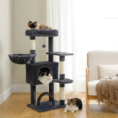 Arbre à chat compact multi-niveaux gris : hamac, niche, plateforme supérieure et griffoir arche