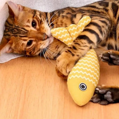 Jouet pour chat en peluche poisson jaune zigzag, petite tête et yeux ronds