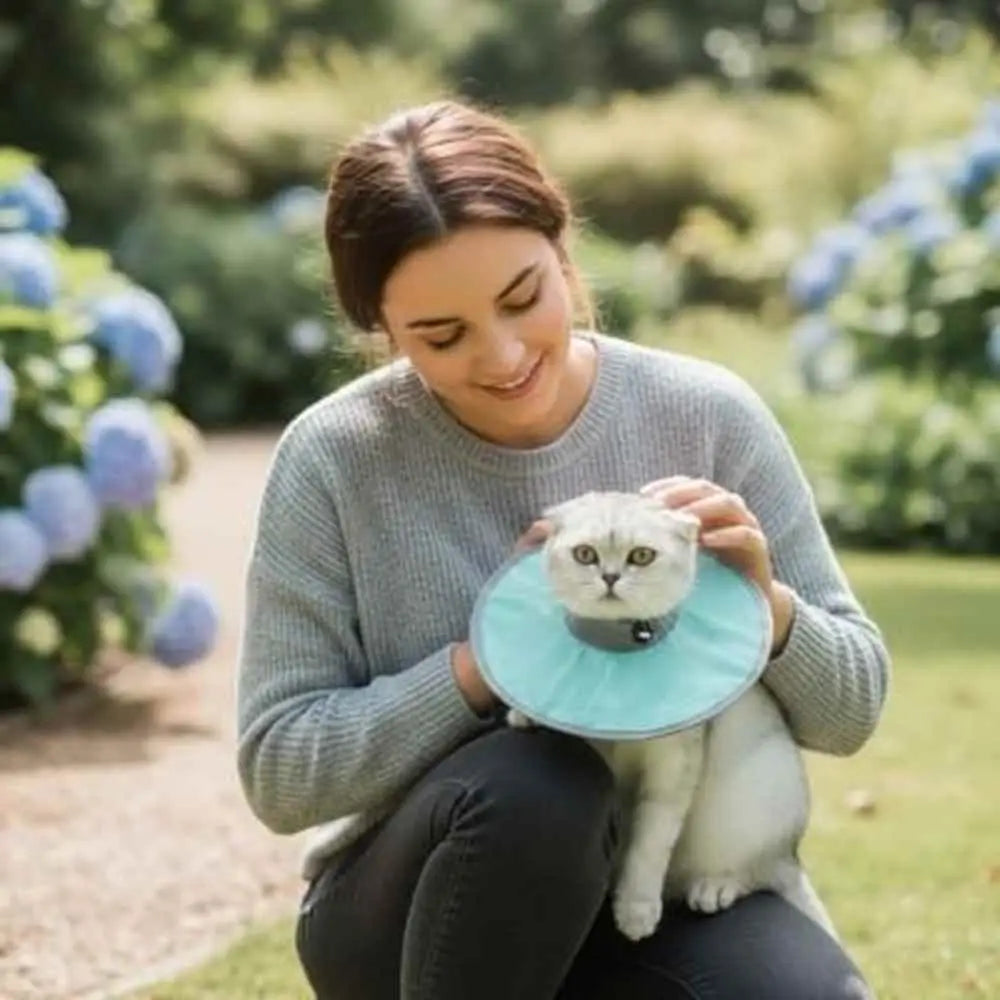 Collerette de protection pour chat turquoise, collerette ronde en tissu souple.