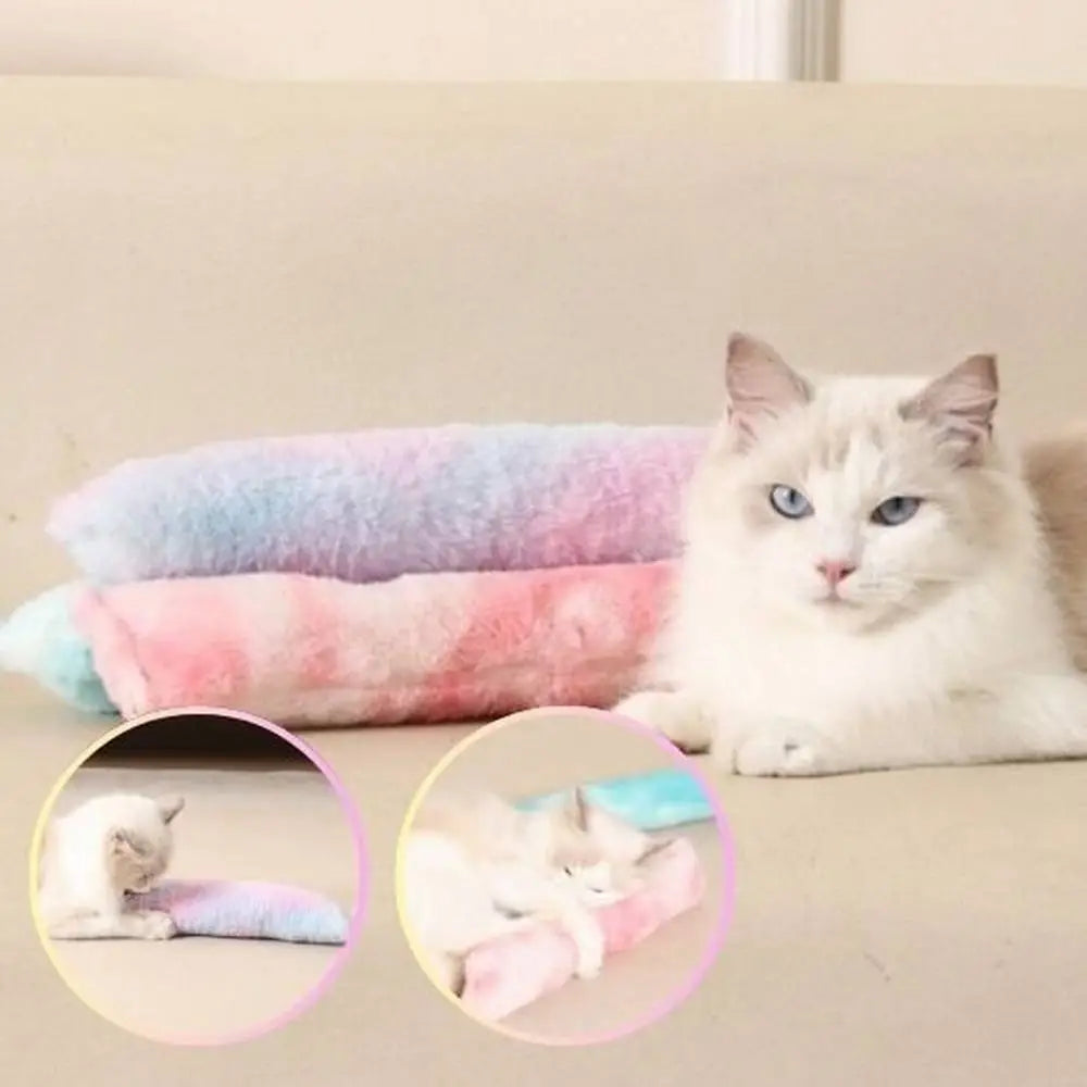Bâton à macher pour chat en peluche, rose et bleu pastel, cylindrique