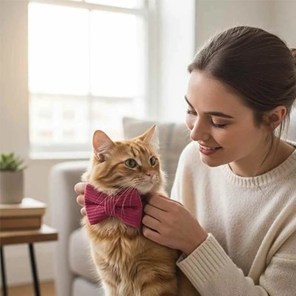 Collier de chat avec nœud papillon en velours côtelé rose sur le cou.