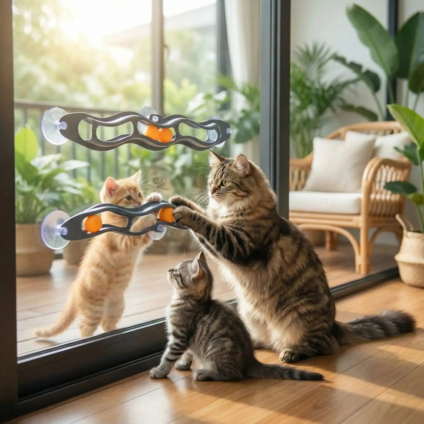 Jouet interactif pour chat à ventouses, barre noire ondulée avec éléments orange et bleus