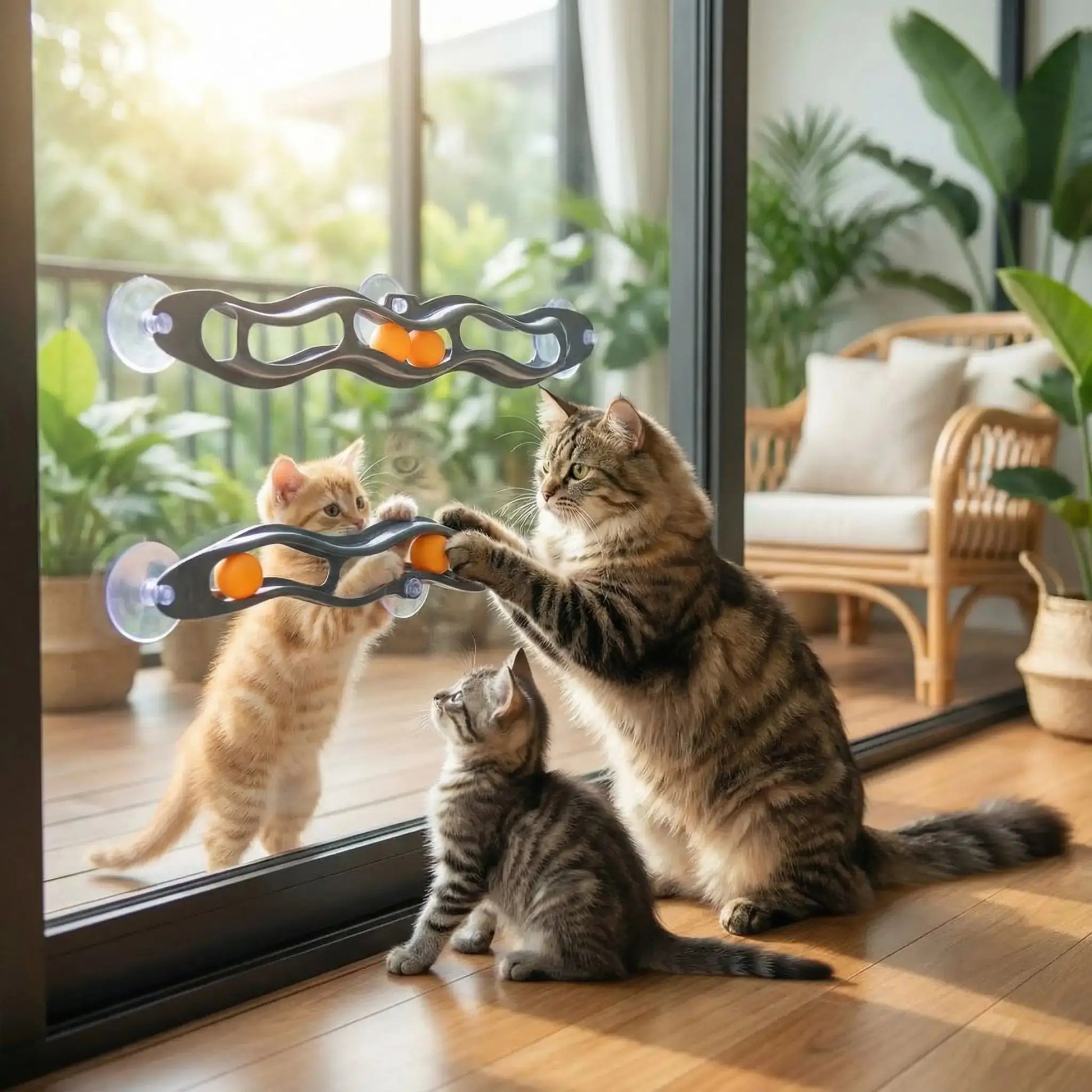 Jouet interactif pour chat à ventouses, barre noire ondulée avec éléments orange et bleus