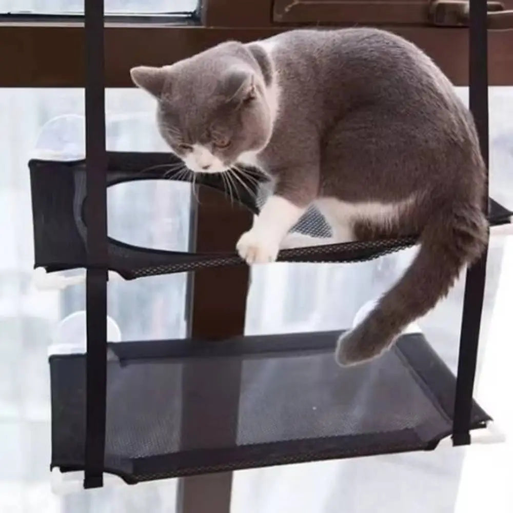 Hamac pour chat de fenêtre Solaris noir avec tissu suspendu et parois latérales.