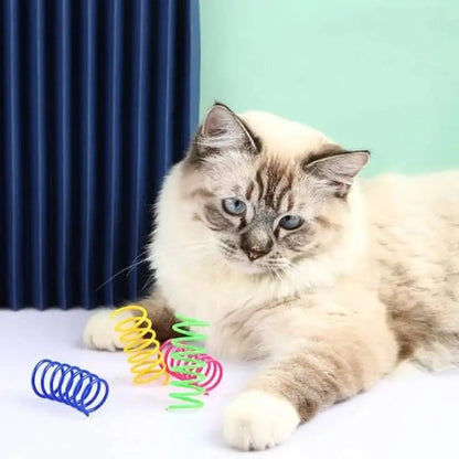 Jeu pour chat avec ressorts colorés (bleu, jaune, vert, rose) sur surface blanche