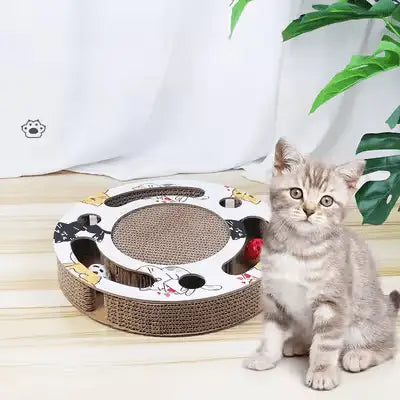 Grattoir rond pour chat PurrRoundScratcher™ en sisal brun, décor chats colorés, avec chat