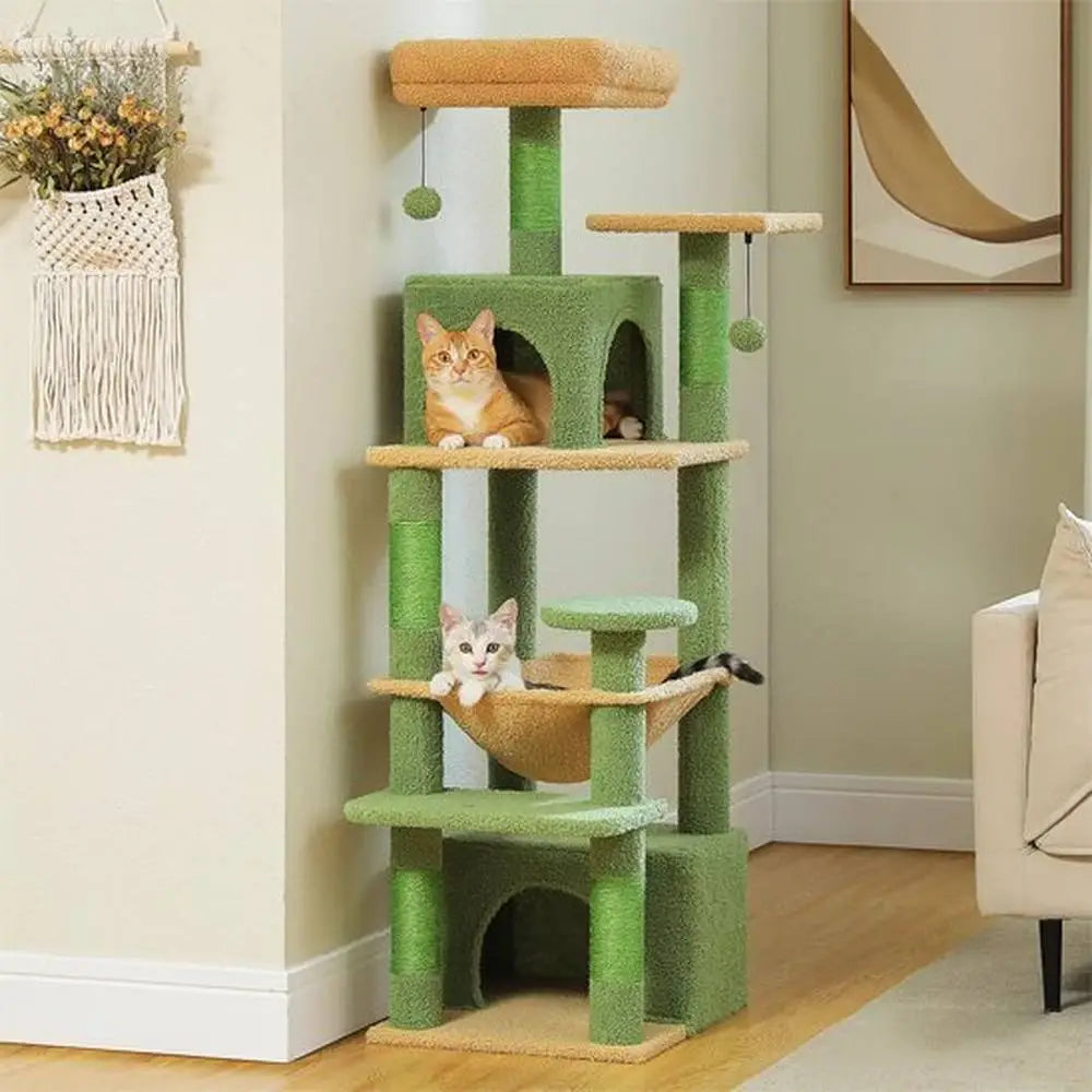 Arbre à chat multi-niveaux vert : plateformes, maison et coussin supérieur