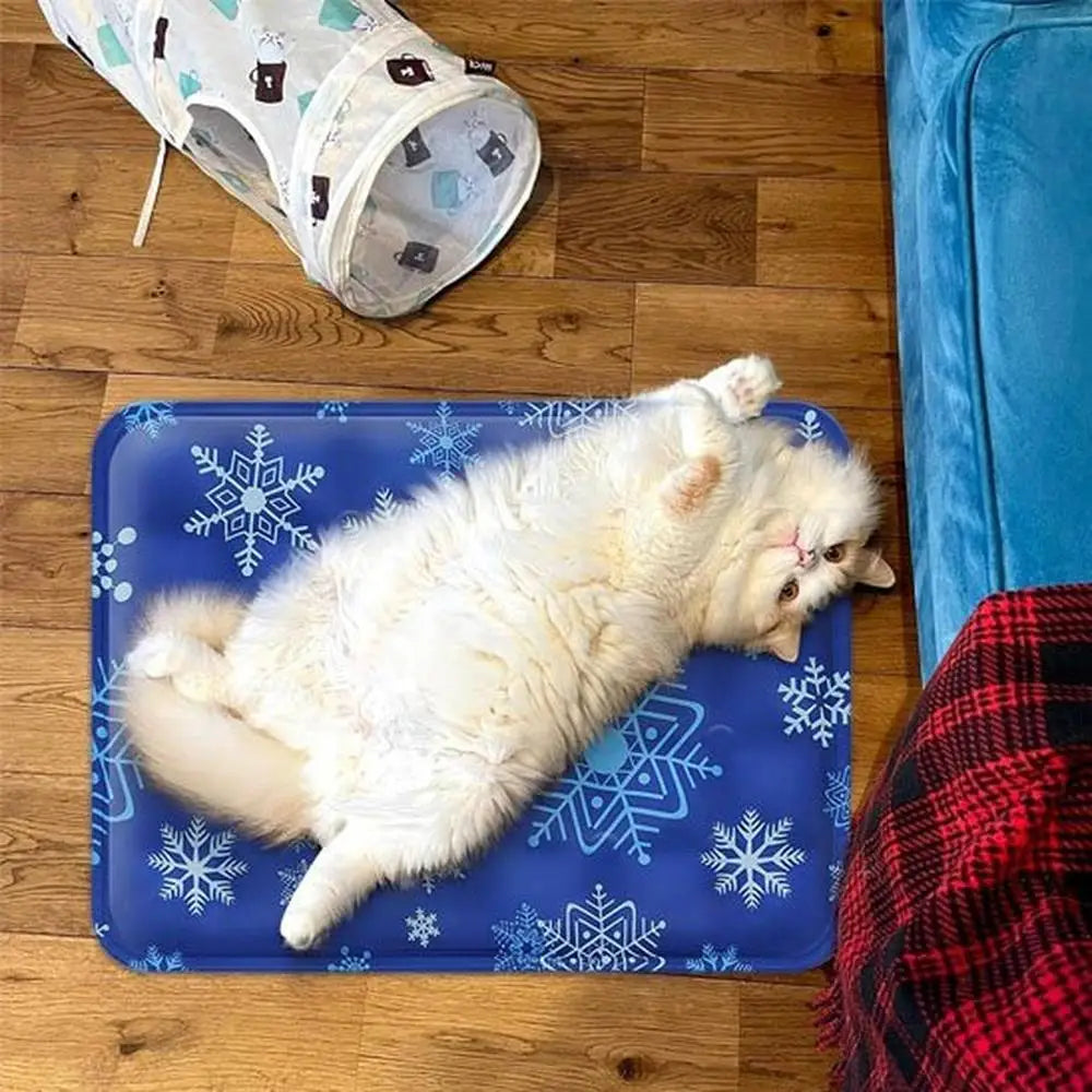 Tapis rafraîchissant pour chat bleu à motifs flocons, œillet circulaire