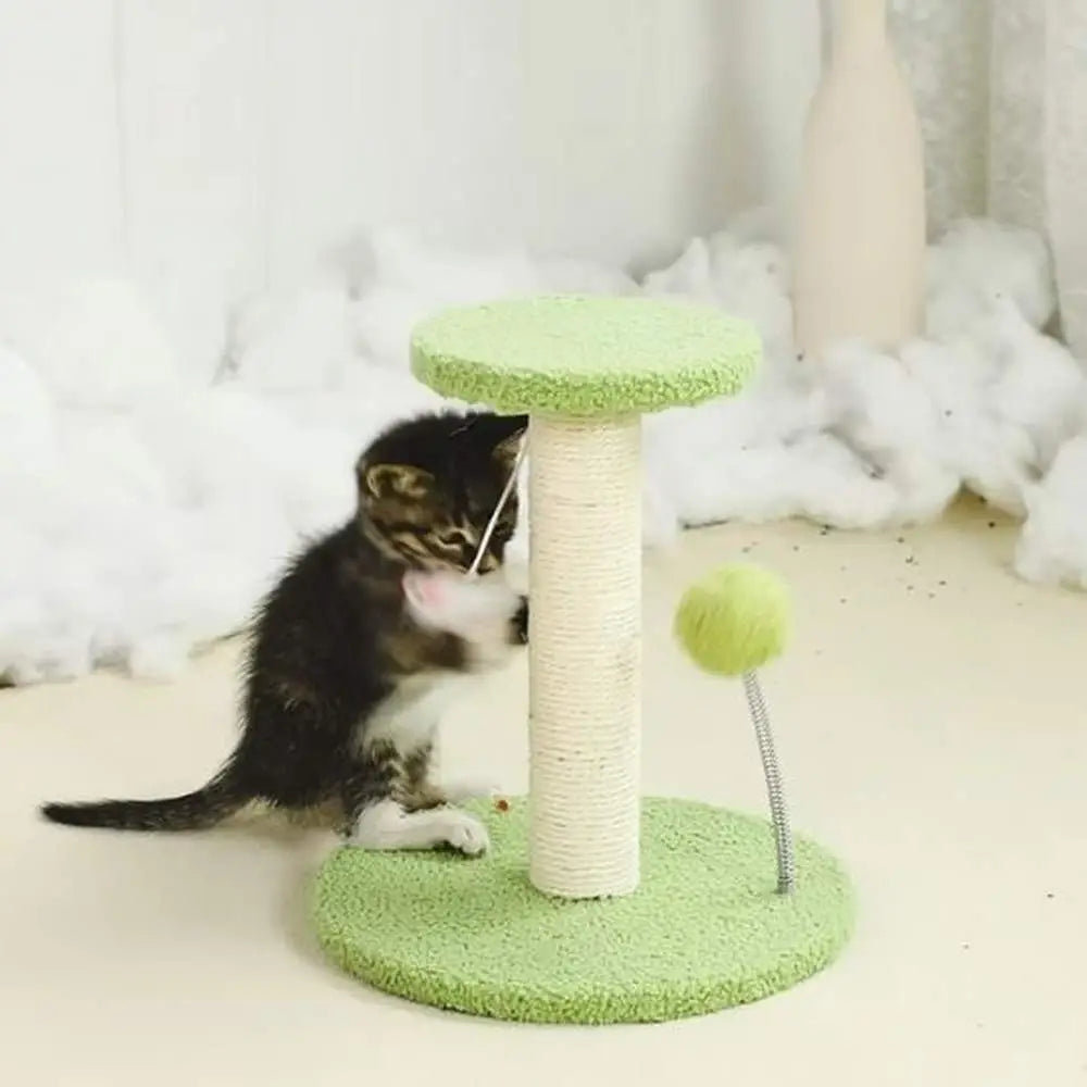 Griffoir pour chat ProtectoFelin avec plateau rond vert, poteau en sisal et balle suspendue
