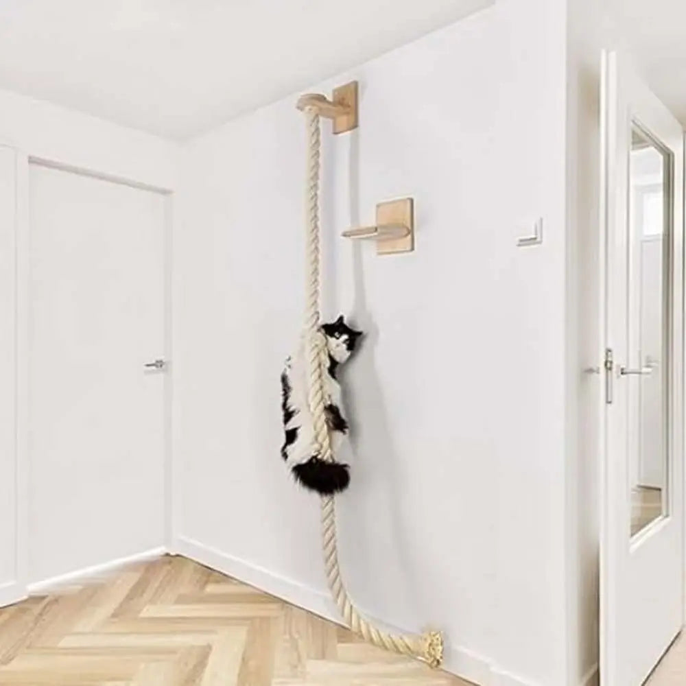 Arbre à chat mural en bois, poteau torsadé beige avec petites plateformes
