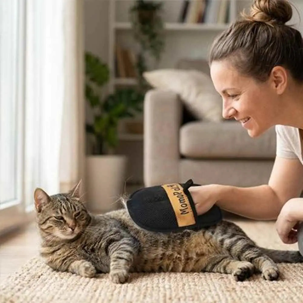 Gant de toilettage noir à poignée, main tenant le gant pour brosser un chat.