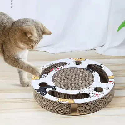 Grattoir rond chat PurrRoundScratcher™ avec tapis en sisal brun et rebords décor chats