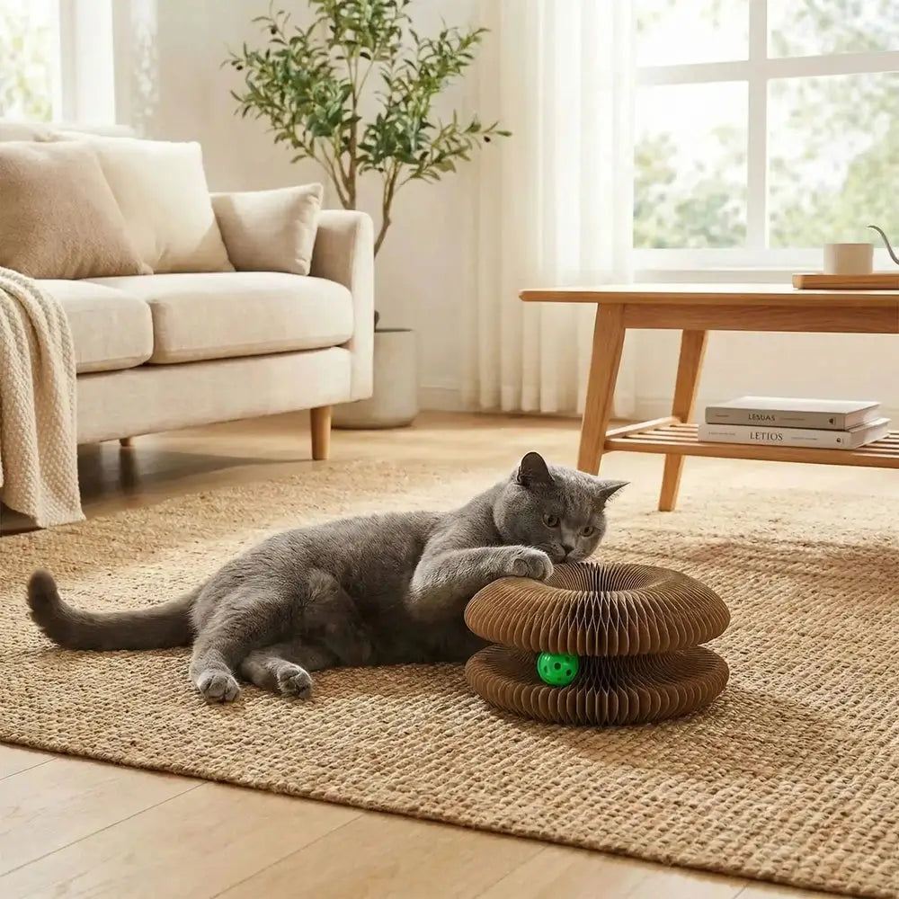 Jouet pour chat en carton ondulé brun avec bille verte dans le griffoir circulaire