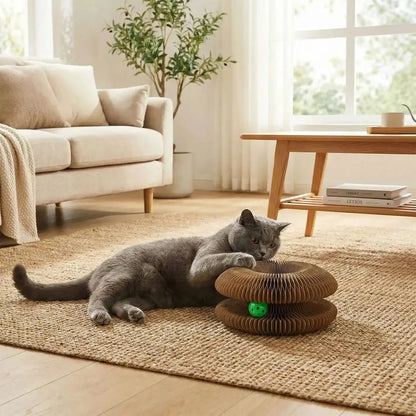 Jouet pour chat en carton ondulé brun avec bille verte dans le griffoir circulaire