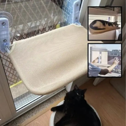 Hamac chat fenêtre UltraCozy avec coussin beige; chat près de la fenêtre