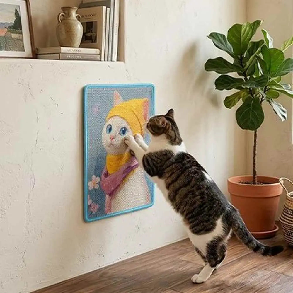 Tapis griffoir mural bleu avec bord turquoise, illustration de chat, chat domestique grattant