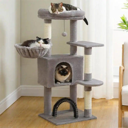 Arbre à chat compact multi-niveaux gris : plateformes superposées, hamac, niche et boule pendante