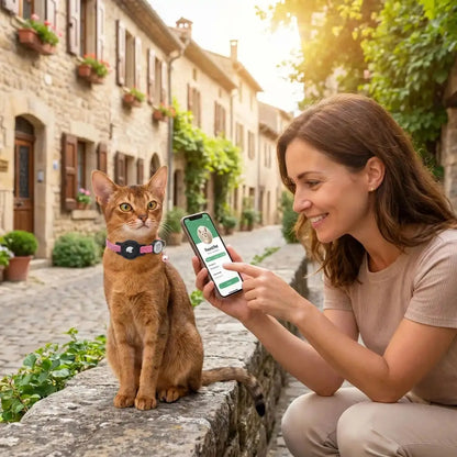 Collier pour chat bleu sur le cou: support AirTag et QR code visibles