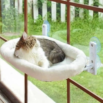 Hamac pour chat en tissu blanc, coussin ovale sur deux supports à ventouses