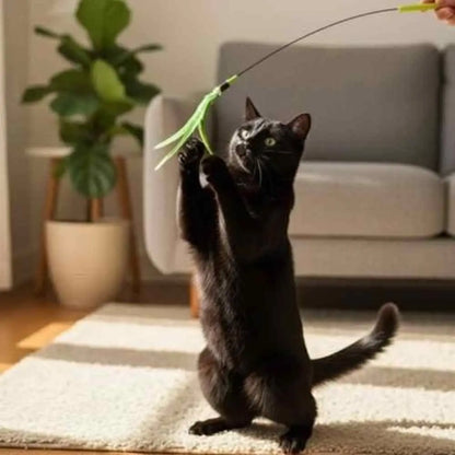 Jouet pour chat interactif : plumes vertes suspendues à une ficelle