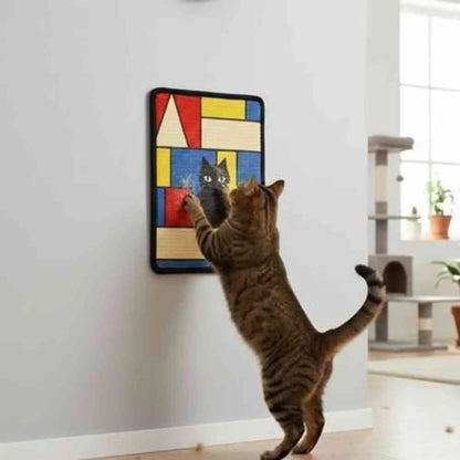 Griffoir mural pour chat, cadre noir et motifs géométriques rouges, jaunes et bleus
