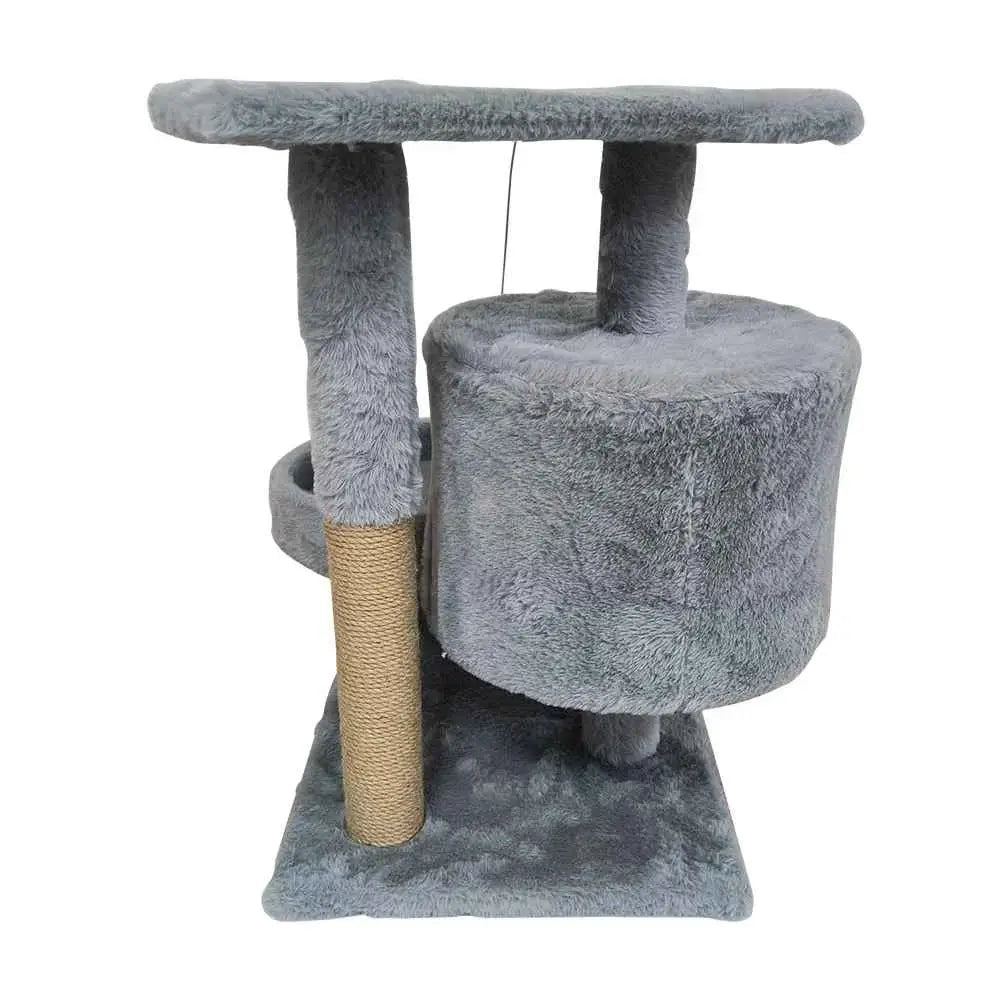 Petit arbre à chat le cocon gris: niche cylindrique, poteau en sisal et plateforme supérieure.