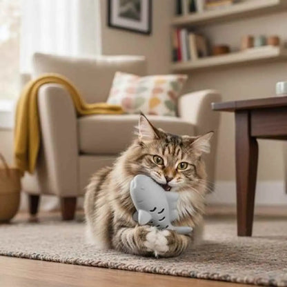 Jeu pour chat en forme de poisson blanc, jouet en mousse dans la gueule du chat.