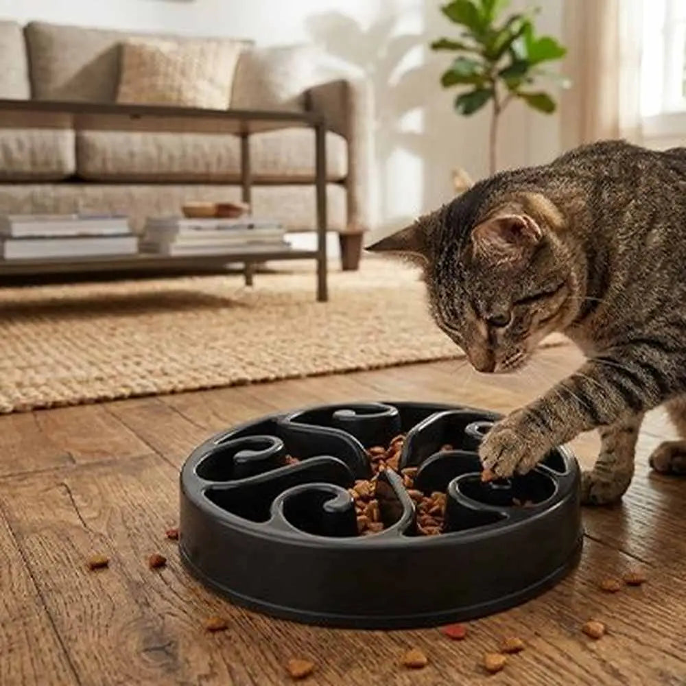 Gamelle anti-glouton pour chat noire à compartiments en spirale