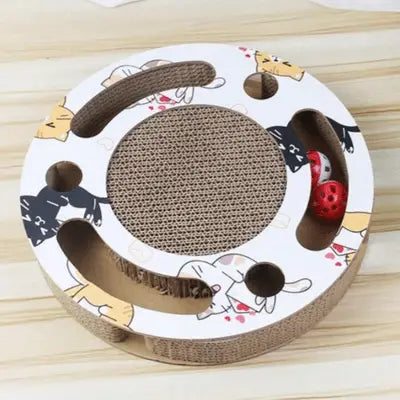 Grattoir rond chat PurrRoundScratcher™ en sisal brun, décor chats colorés et poignées