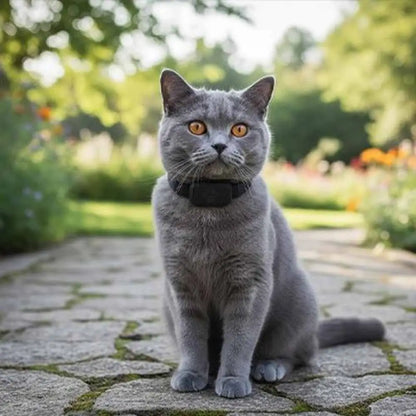 Collier GPS pour chat noir sur chat gris, assis sur des dalles de pierre.