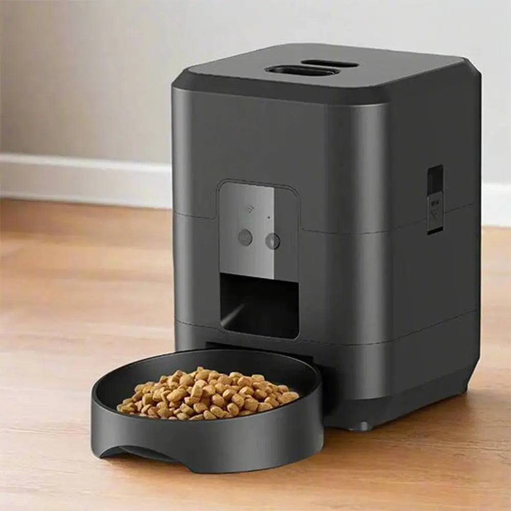 Distributeur automatique de croquettes pour chat gris foncé, bol rempli visible