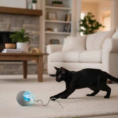 Balle interactive FélinJoy à lumière bleue, chat noir sur tapis clair