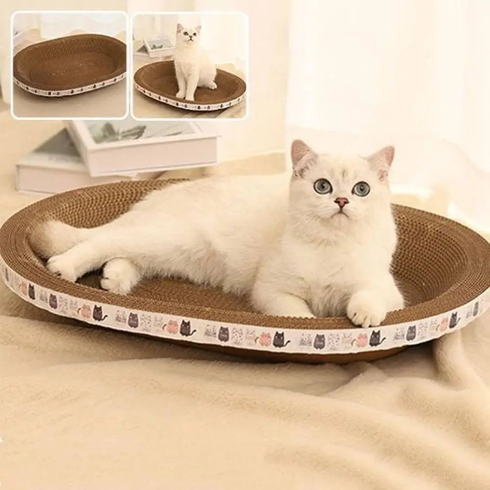 Griffoir pour chat en forme de bol, sisal brun, bord clair avec motifs de chats.