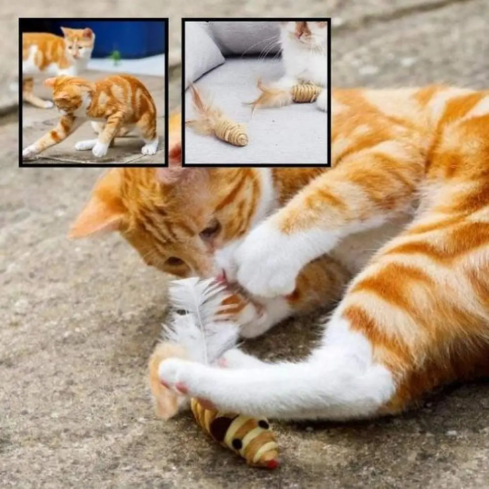 Souris en corde rayée pour chat, sous la patte d’un chat roux