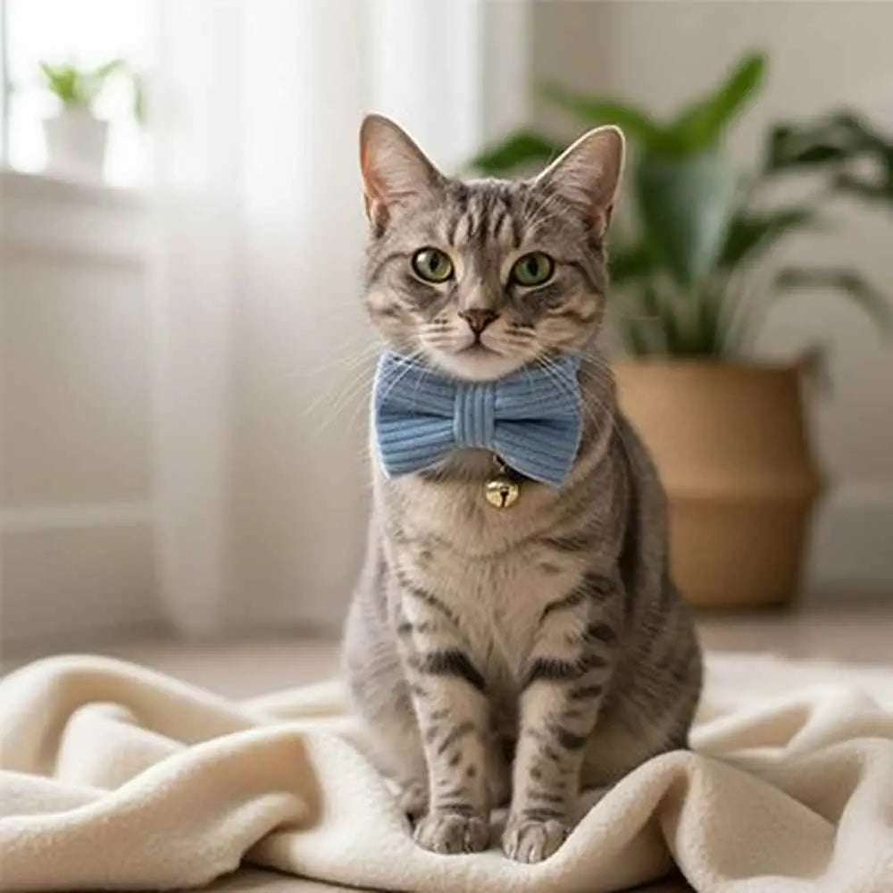Collier de chat avec nœud papillon en velours côtelé bleu, au niveau du cou.