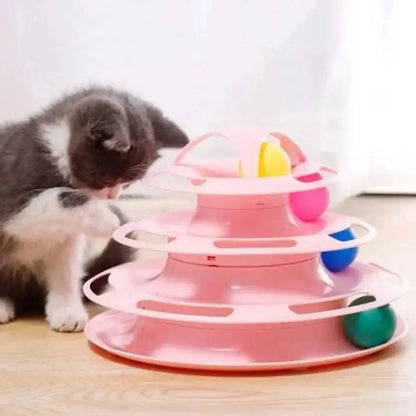Jouet pour chat circuit de balles 3 niveaux rose sur trois plateaux, billes visibles