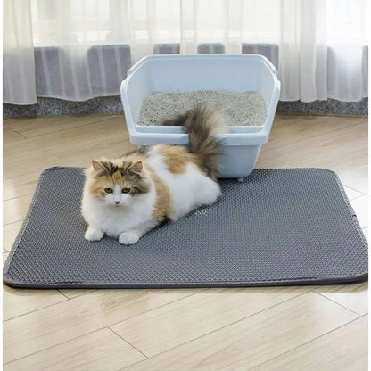Tapis de litière pour chat double couche imperméable, alvéoles gris foncé avec chat blanc