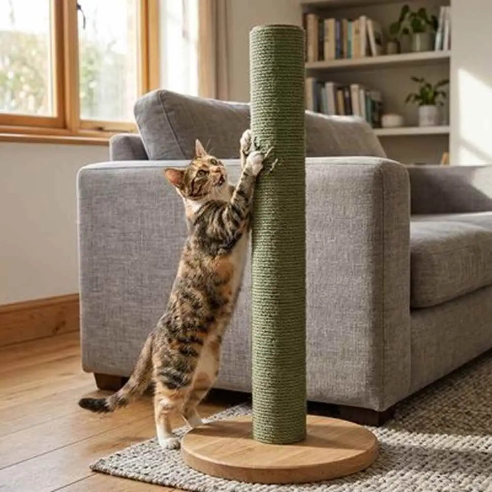Griffoir pour chat vert en sisal, poteau cylindrique et base ronde en bois clair.