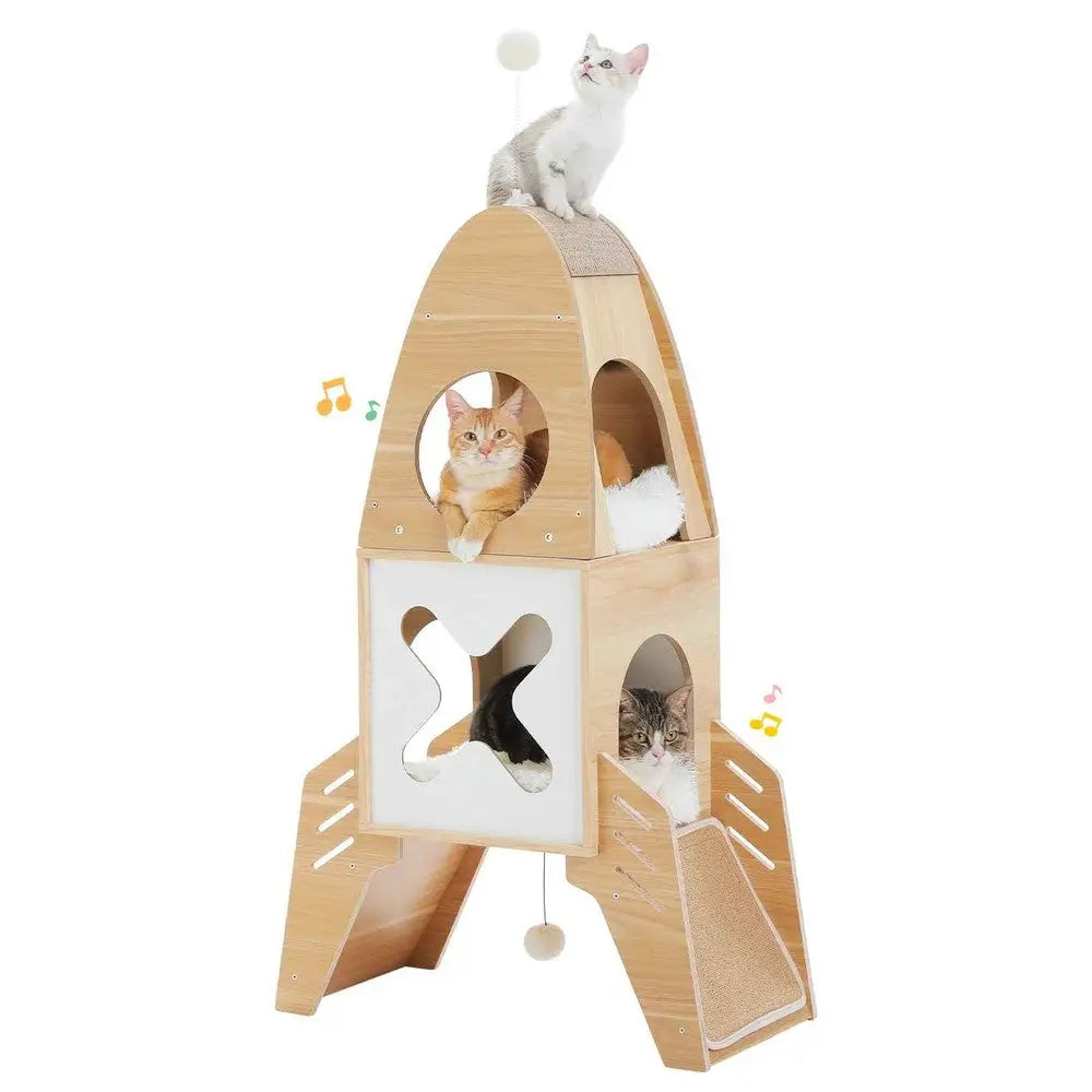 Arbre à chat en bois forme fusée avec cabane, coussin moelleux et boule suspendue.