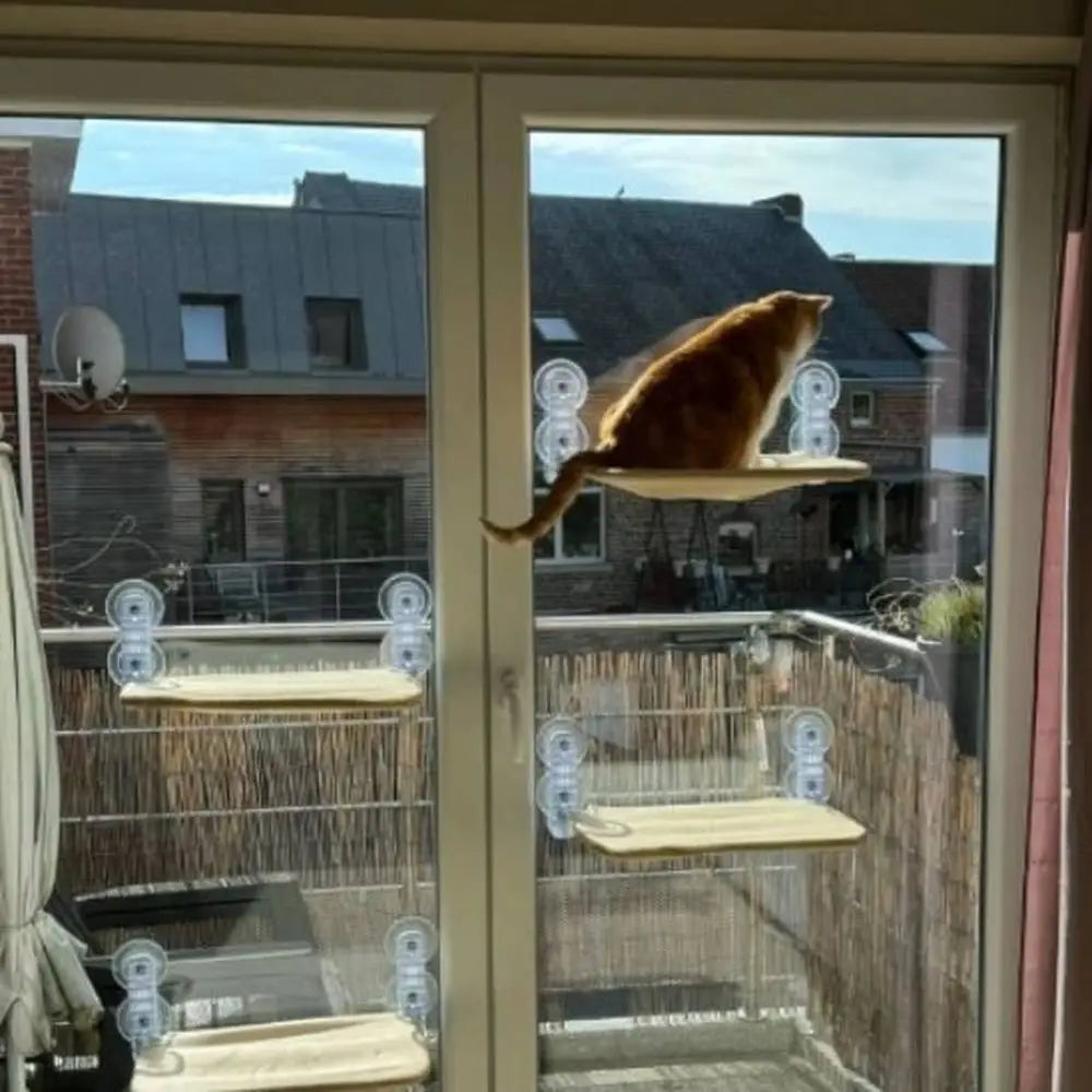 Hamac chat fenêtre UltraCozy, coussin beige sur plateforme; chat roux sur le hamac