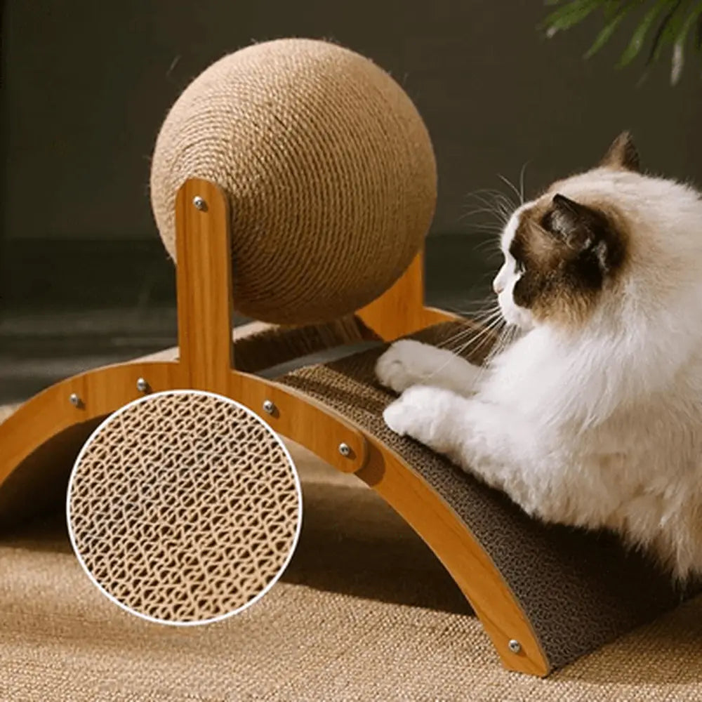 Griffoir pour chat Arc : poteau rond en sisal beige sur base courbe en tissu