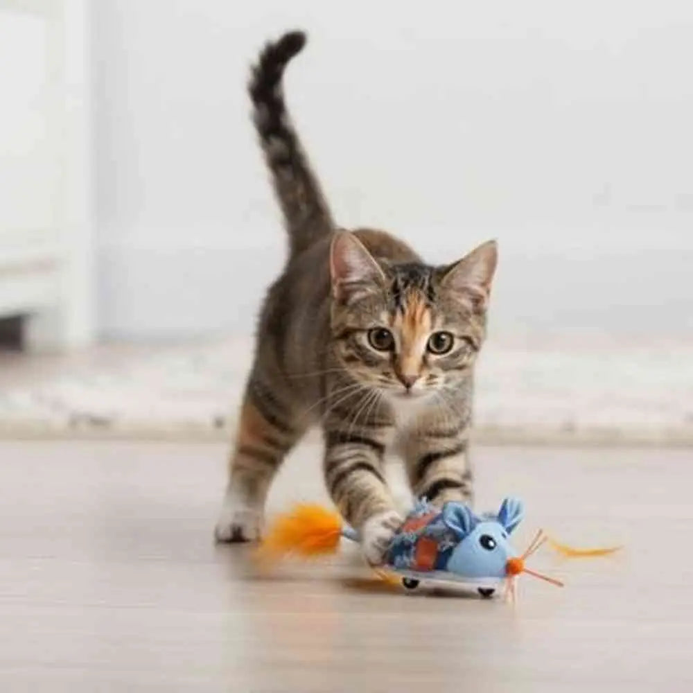 Jouet interactif pour chat PurrPerfect : souris en peluche bleue avec pompon orange
