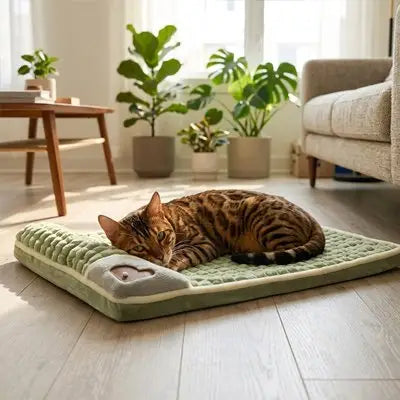 Lit pour chat avec coussin vert à bordure, housse matelassée grise avec applique en forme de cœur