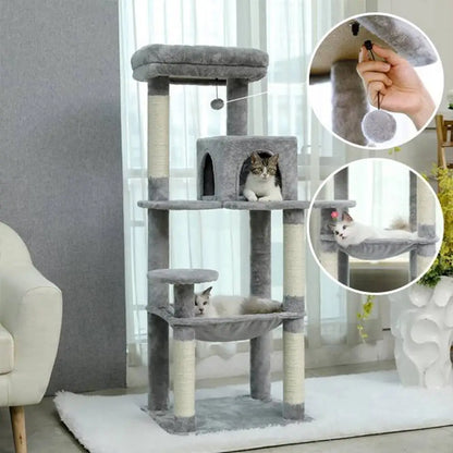 Arbre à chat compact multi-niveaux gris : plateformes moelleuses, hamac, boule pendante
