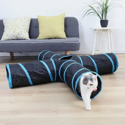 Tunnel pour chat noir à rayures bleu, deux ouvertures, chat blanc et gris