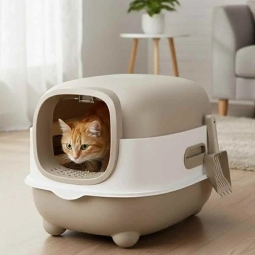 Bac à litière pour chat blanc, avec entrée ronde, chat à l’intérieur