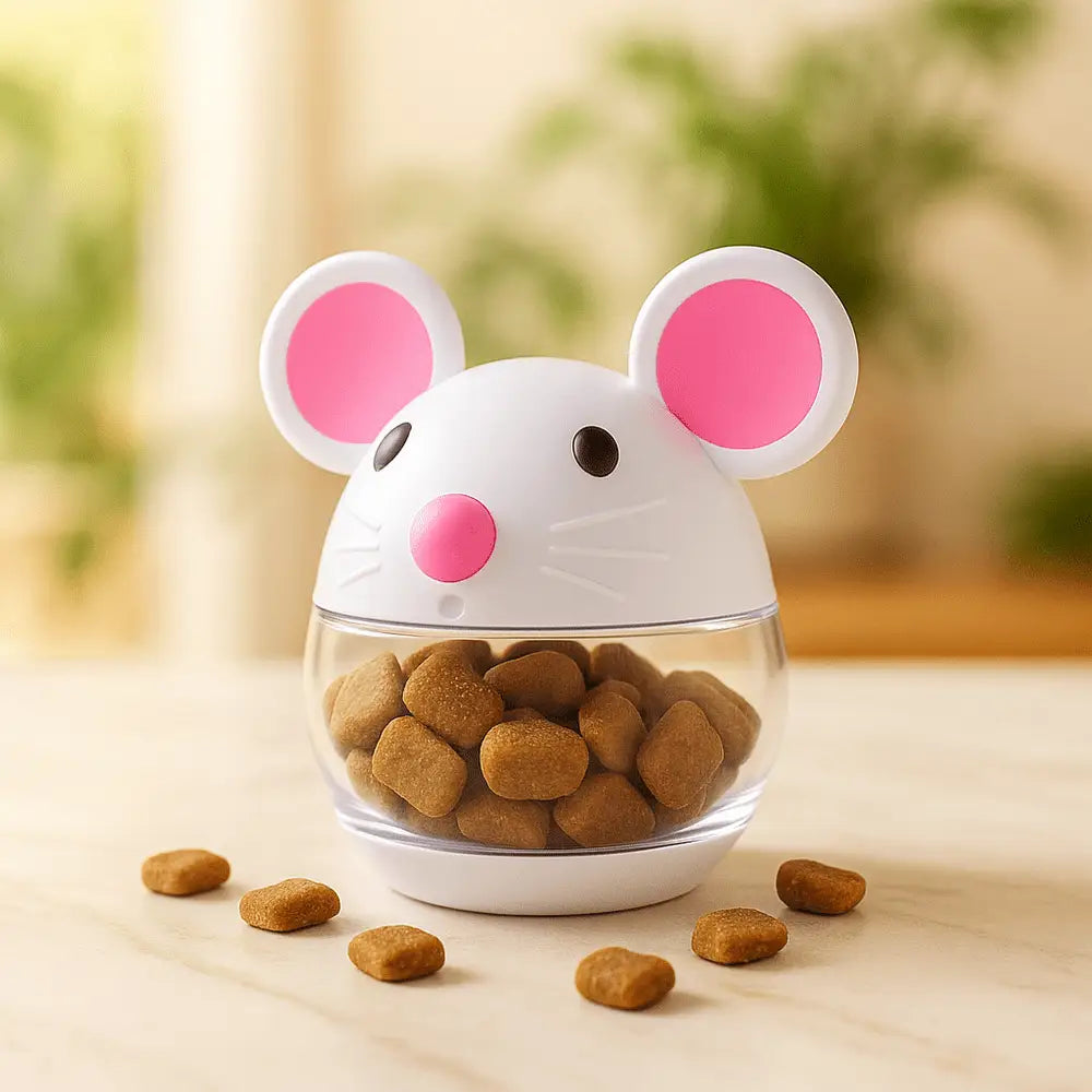 Distributeur de croquettes puzzle pour chat, souris blanche à oreilles roses, bol transparent