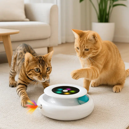 Jouet interactif pour chat : socle blanc avec disque lumineux et plume colorée.