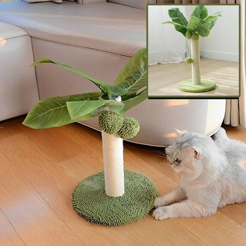 Griffoir pour chat FélinConfort sur sol en bois, poteau beige, base verte et feuilles